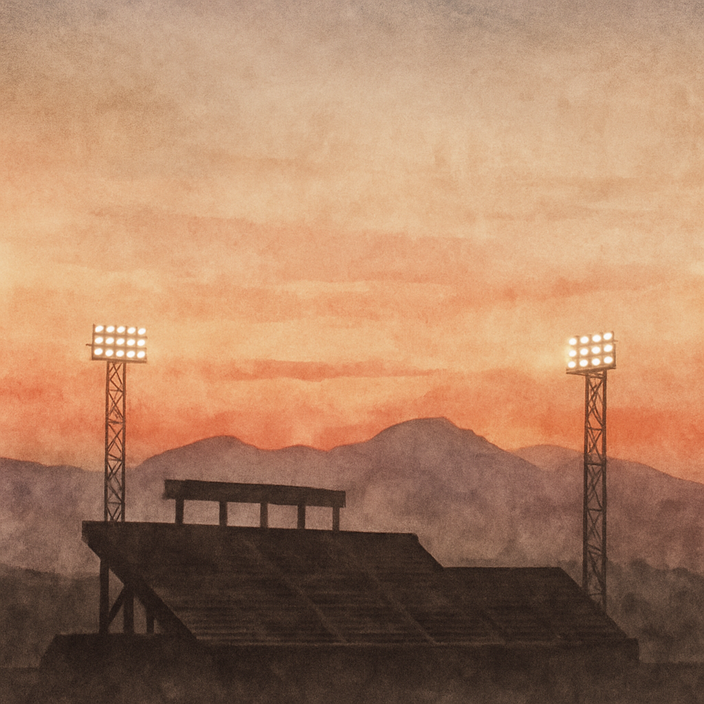 An abstract editorial illustration of an empty stadium silhouette against a Colorado sunset, with stadium lights just beginning to glow, in harsh midday glare…