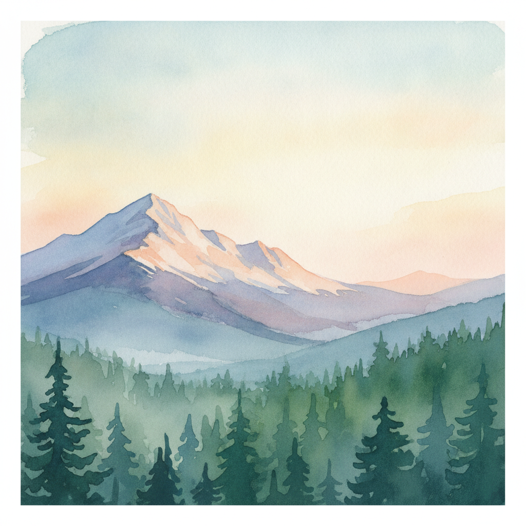 An abstract editorial illustration of a Colorado Springs vista at first light, with Pikes Peak and pine forest in soft watercolor, beneath cool fluorescent…