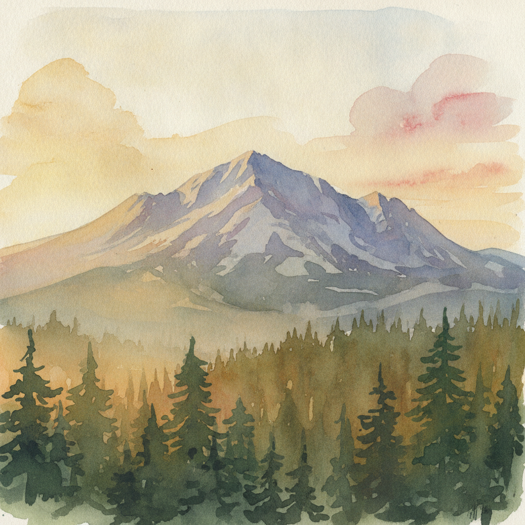 An abstract editorial illustration of a Colorado Springs vista at first light, with Pikes Peak and pine forest in soft watercolor, in warm golden hour light…