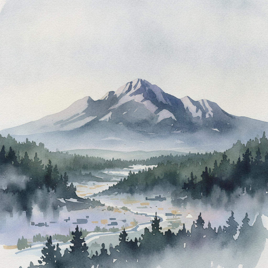 An abstract editorial illustration of a Colorado Springs vista at first light, with Pikes Peak and pine forest in soft watercolor, with cool gray light and…