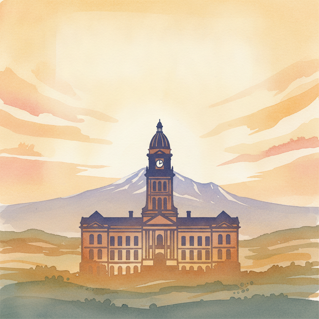 An abstract editorial illustration of a Colorado Springs municipal building silhouette against the morning sky, with Pikes Peak distant on the horizon, in…