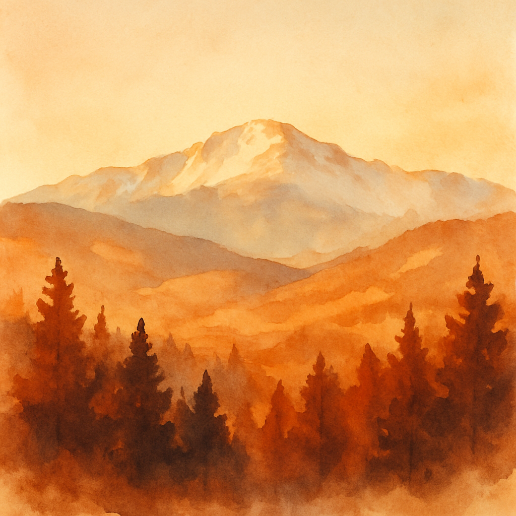 An abstract editorial illustration of a Colorado Springs vista at first light, with Pikes Peak and pine forest in soft watercolor, in warm amber and rust…