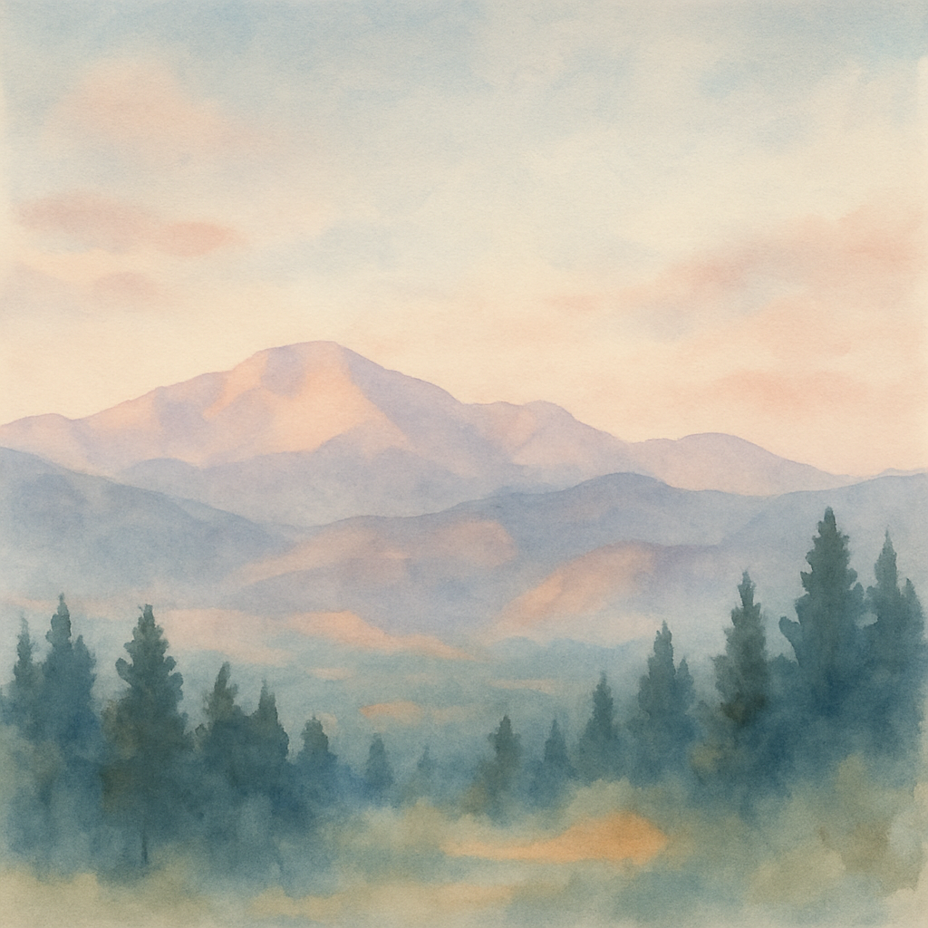 An abstract editorial illustration of a Colorado Springs vista at first light, with Pikes Peak and pine forest in soft watercolor, in soft pastels with cool…