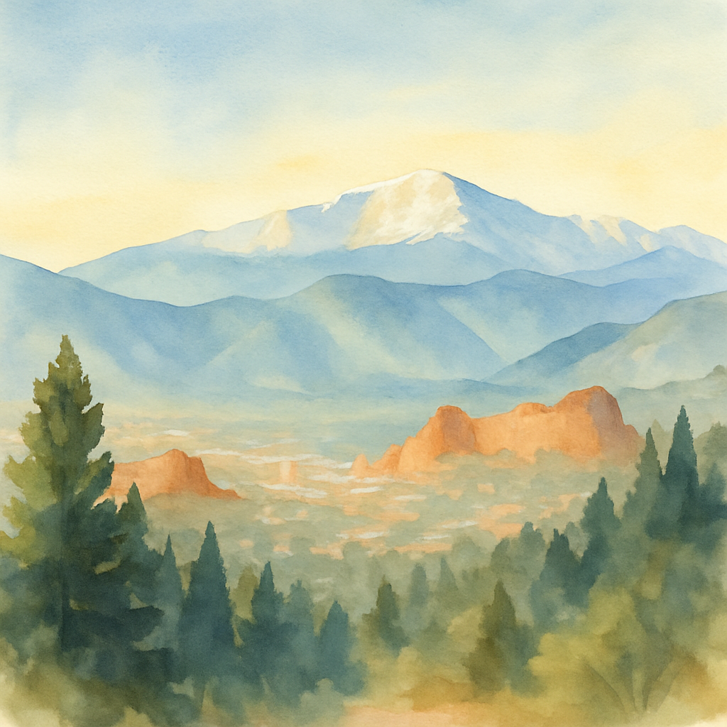 An abstract editorial illustration of a Colorado Springs vista at first light, with Pikes Peak and pine forest in soft watercolor, in bright midday light with…