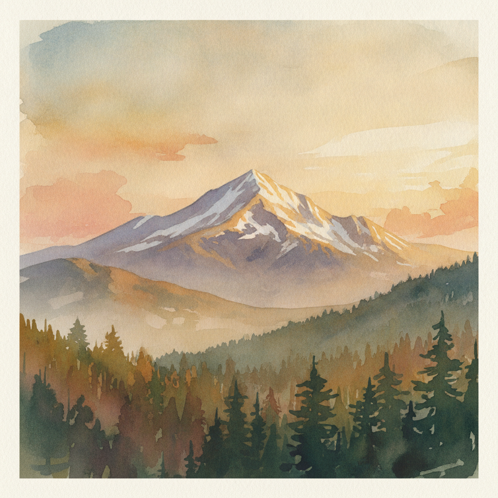 An abstract editorial illustration of a Colorado Springs vista at first light, with Pikes Peak and pine forest in soft watercolor, in golden late-afternoon…