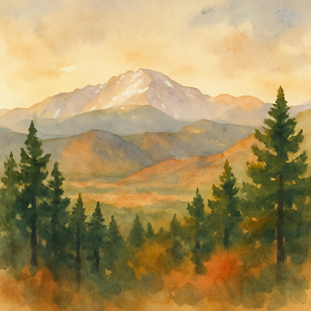 An abstract editorial illustration of a Colorado Springs vista at first light, with Pikes Peak and pine forest in soft watercolor, beneath dappled shade with…