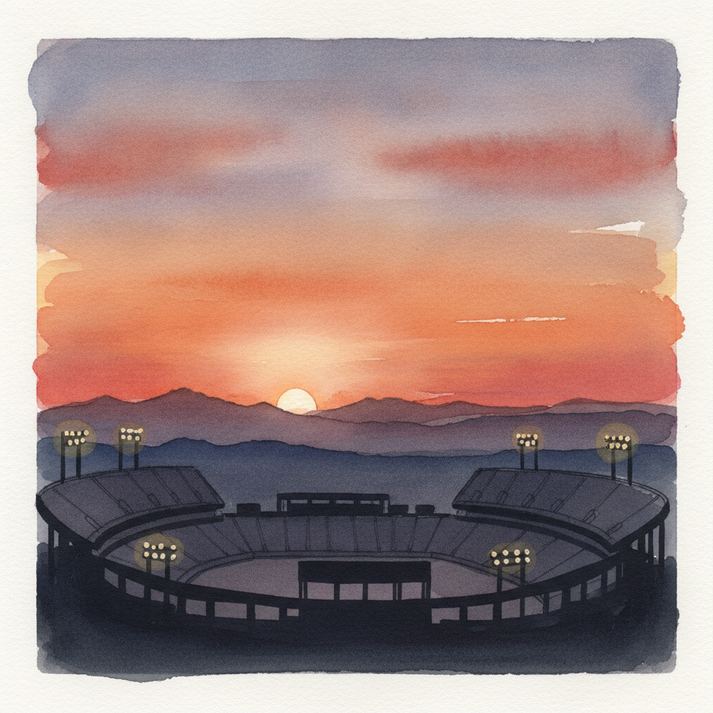 An abstract editorial illustration of an empty stadium silhouette against a Colorado sunset, with stadium lights just beginning to glow, under warm evening…