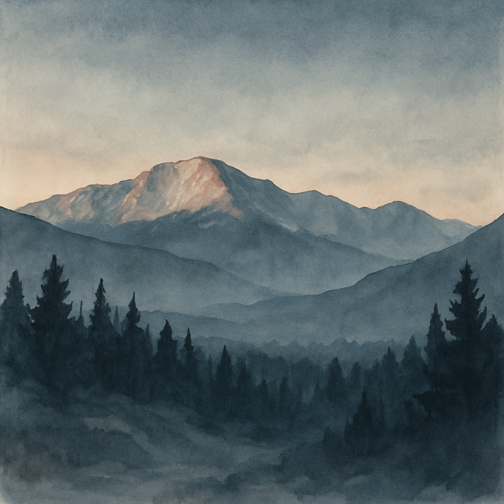 An abstract editorial illustration of a Colorado Springs vista at first light, with Pikes Peak and pine forest in soft watercolor, under cool evening shadows,…