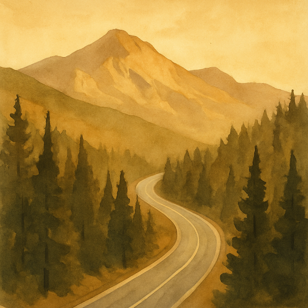 An abstract editorial illustration of a Colorado mountain highway curving through pine forest, viewed from above at golden hour, under golden late-afternoon…