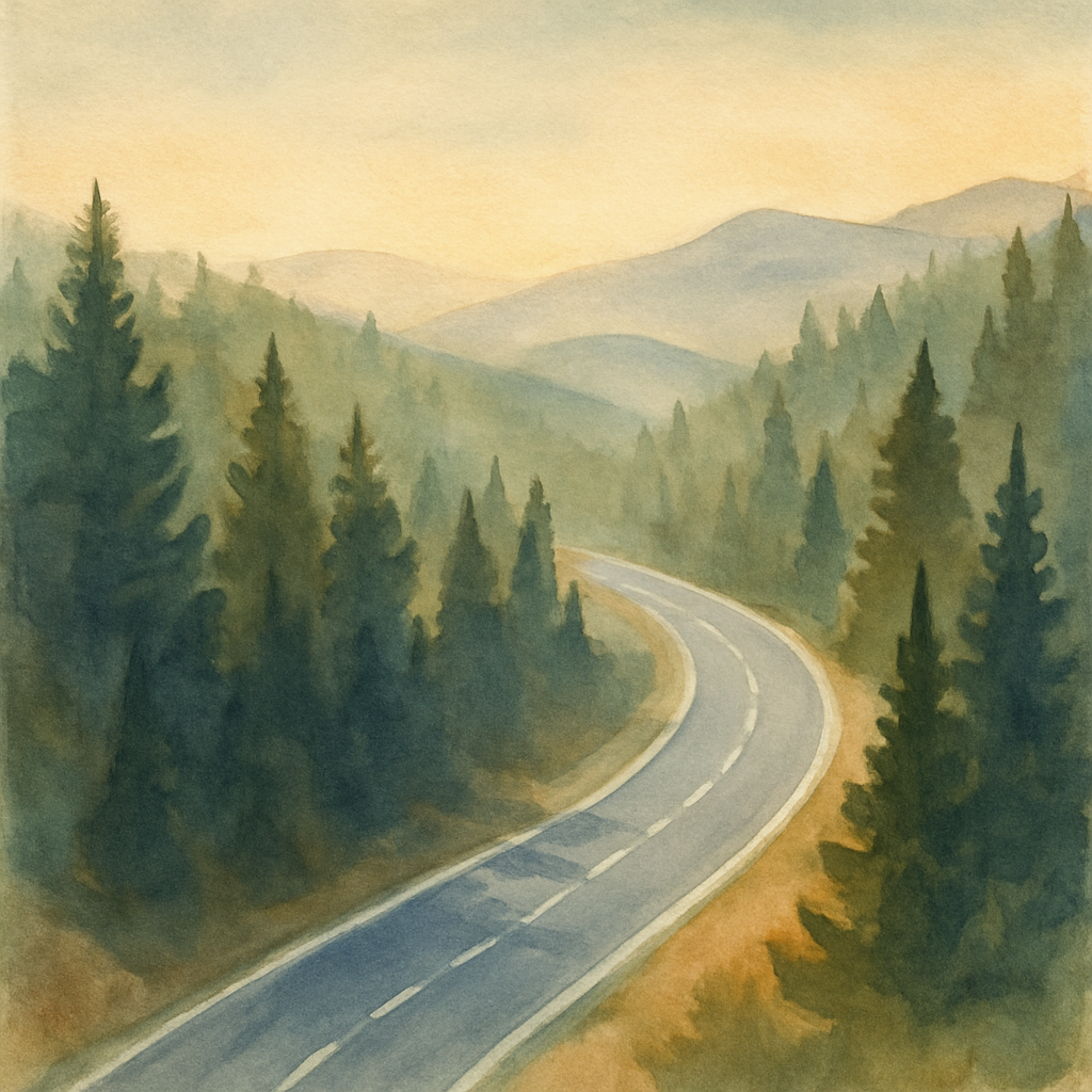An abstract editorial illustration of a Colorado mountain highway curving through pine forest, viewed from above at golden hour, in soft morning light with…