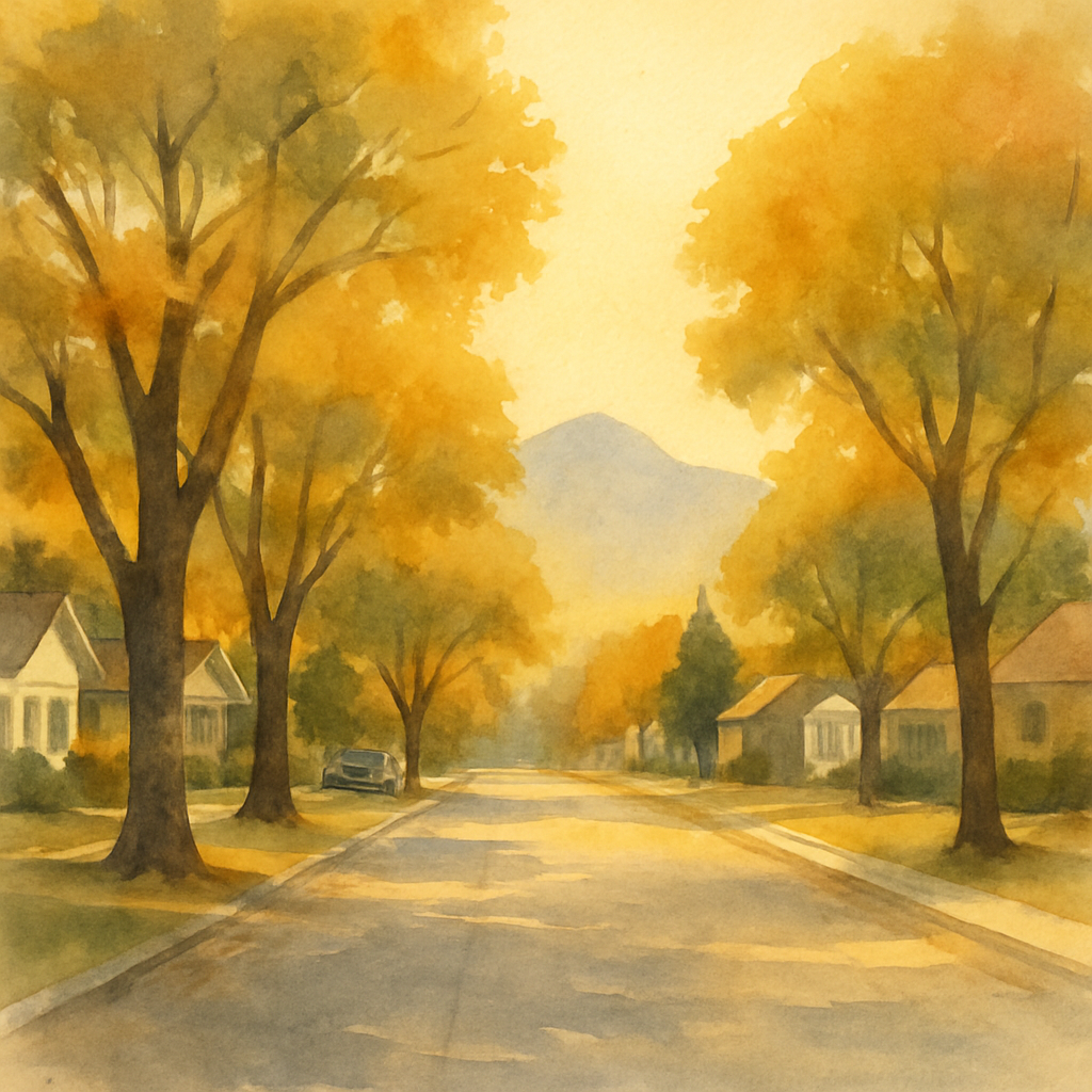 An abstract editorial illustration of a quiet Colorado Springs residential street with mature trees, viewed in early autumn light, with warm golden afternoon…