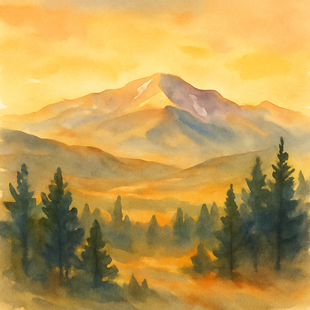 An abstract editorial illustration of a Colorado Springs vista at first light, with Pikes Peak and pine forest in soft watercolor, under warm stage lighting…