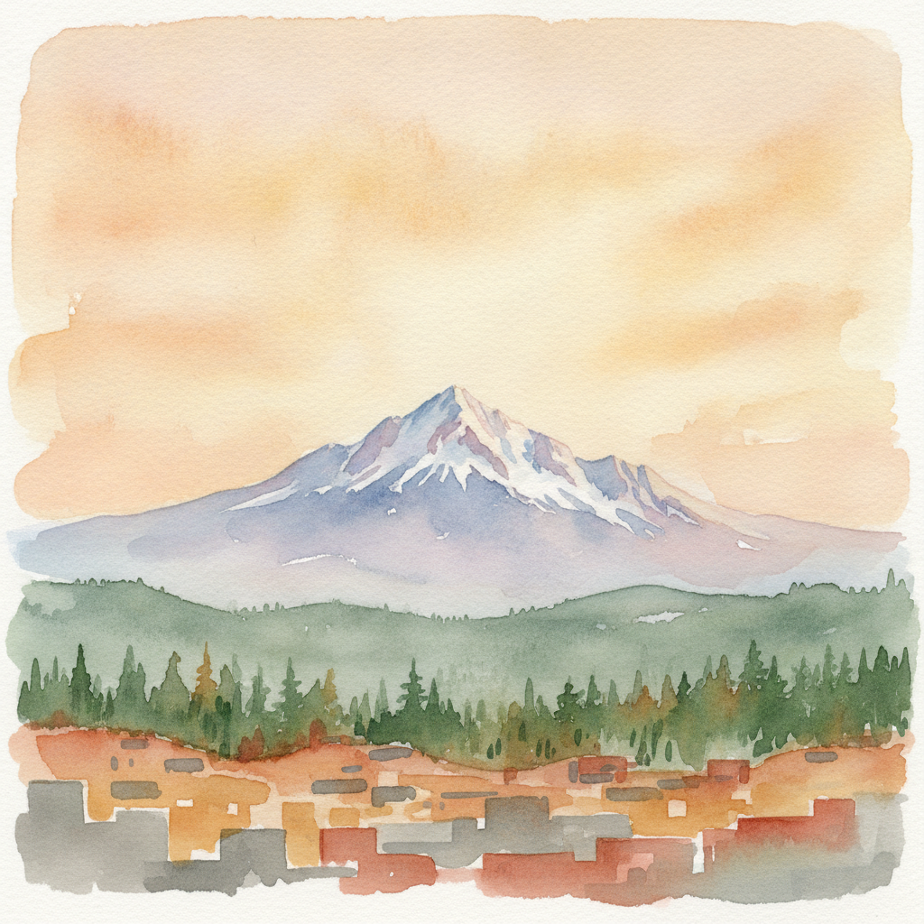 An abstract editorial illustration of a Colorado Springs vista at first light, with Pikes Peak and pine forest in soft watercolor, in warm afternoon light…