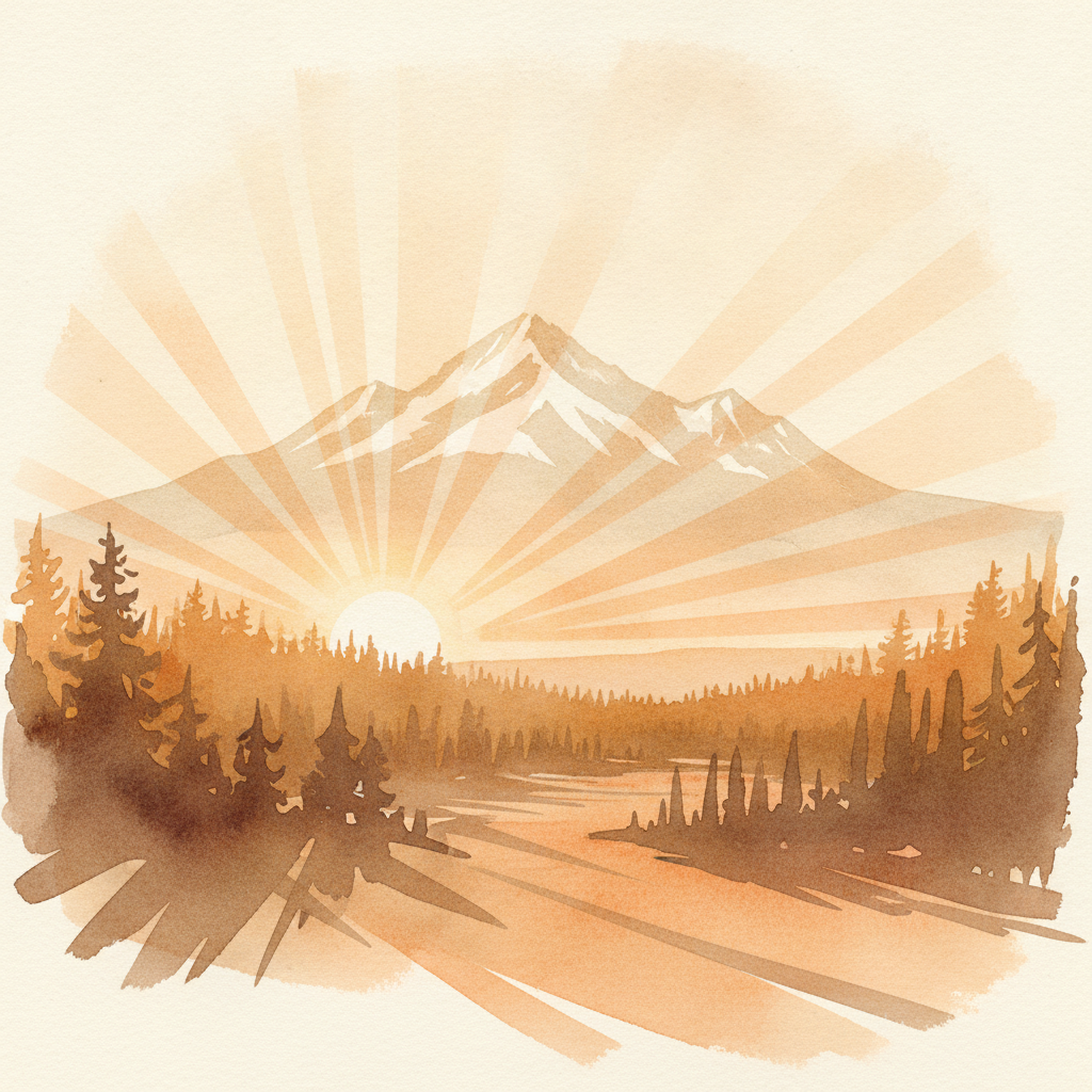 An abstract editorial illustration of a Colorado Springs vista at first light, with Pikes Peak and pine forest in soft watercolor, in warm nostalgic amber…