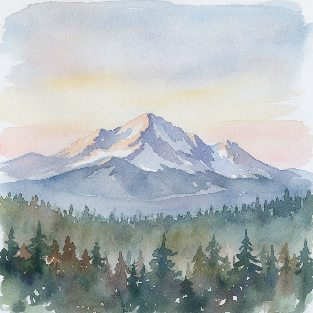 An abstract editorial illustration of a Colorado Springs vista at first light, with Pikes Peak and pine forest in soft watercolor, in fluorescent retail light…