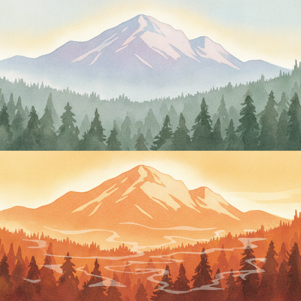 An abstract editorial illustration of a Colorado Springs vista at first light, with Pikes Peak and pine forest in soft watercolor, in harsh golden afternoon…