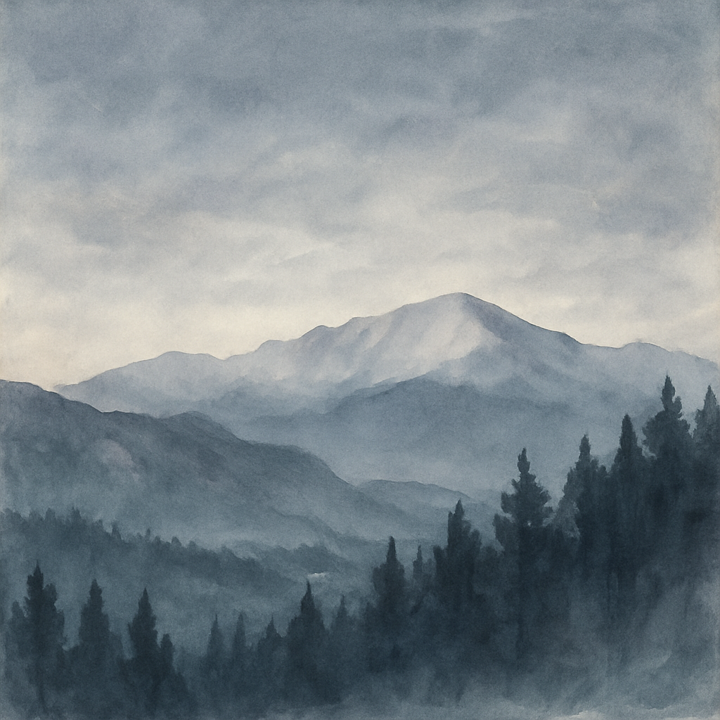 An abstract editorial illustration of a Colorado Springs vista at first light, with Pikes Peak and pine forest in soft watercolor, under twilight uncertainty,…