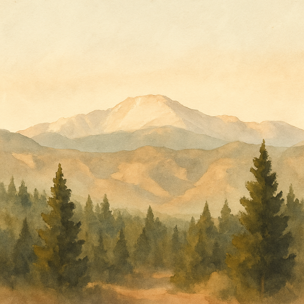 An abstract editorial illustration of a Colorado Springs vista at first light, with Pikes Peak and pine forest in soft watercolor, under soft afternoon light,…