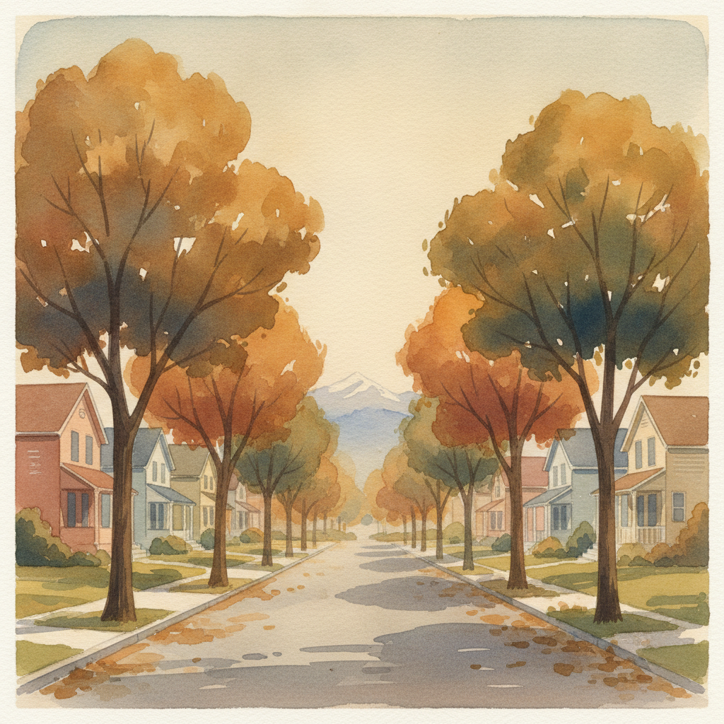 An abstract editorial illustration of a quiet Colorado Springs residential street with mature trees, viewed in early autumn light, with amber afternoon light…